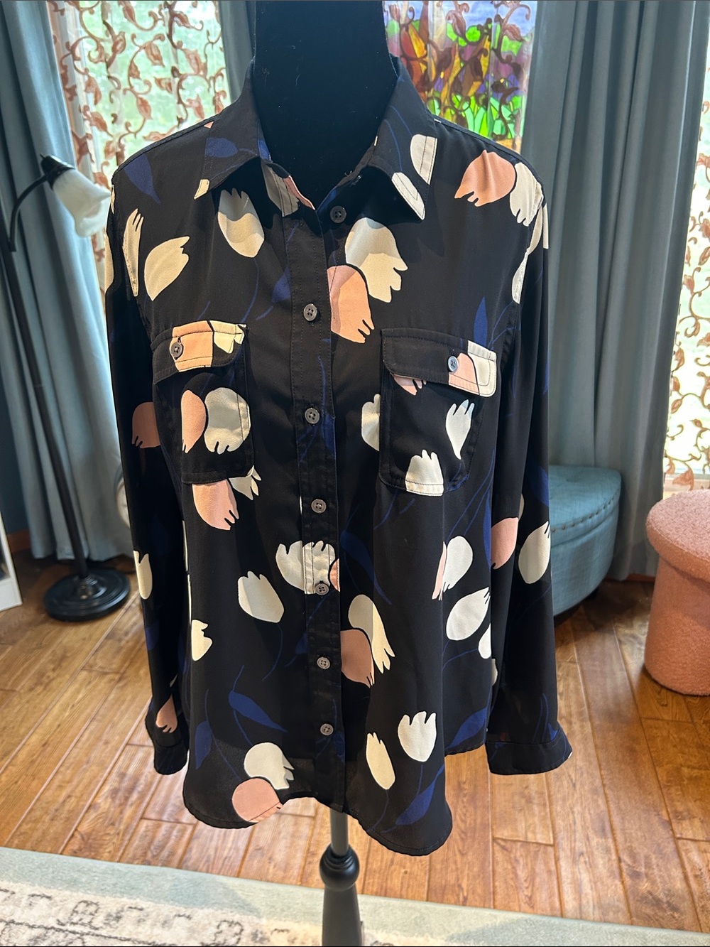 LOFT Black Button-Down Shirt with Pink, Cream & Blue Tulip Print